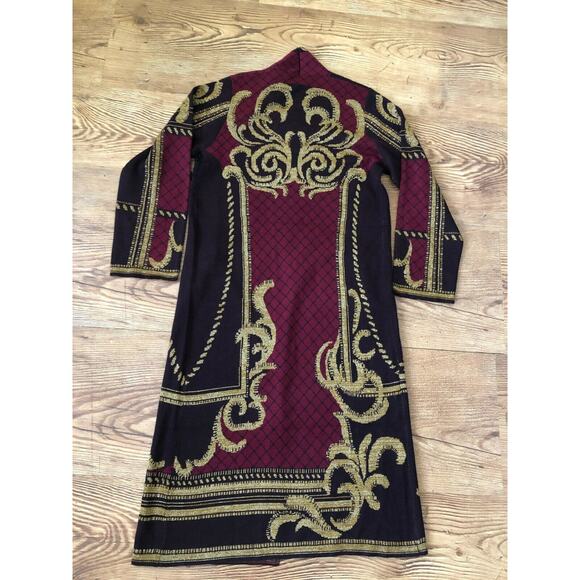 Vertigo Jacquard Black/Red/Gold Long Open Wool Blend Cardigan Sweater Size S NWT - Picture 5 of 11